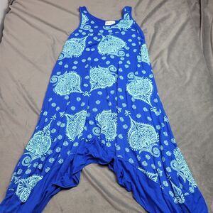 Lolo Tunic Womens Medium Blouse Blue Paisley Sleeveless‎ Stretch Shark Bite Hem
